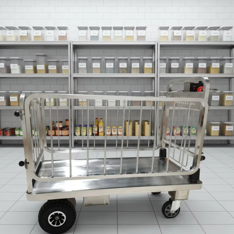 Food Grade 304 Stainless Steel Mesh Structure Foldable Electric Industrial Tools Platform Trolley with 4-Wheel 500kg Capacity