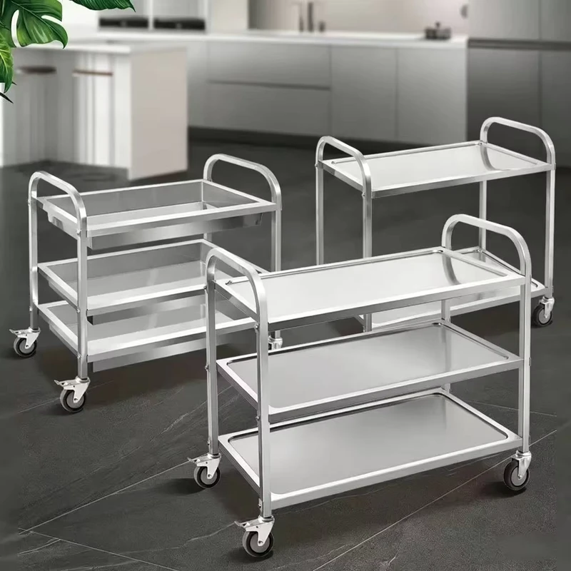 Food Grade Commercial Kitchen Restaurant Hotel Service Cart Stainless Countertop Self Cleaning Coating Double Layer Trolley