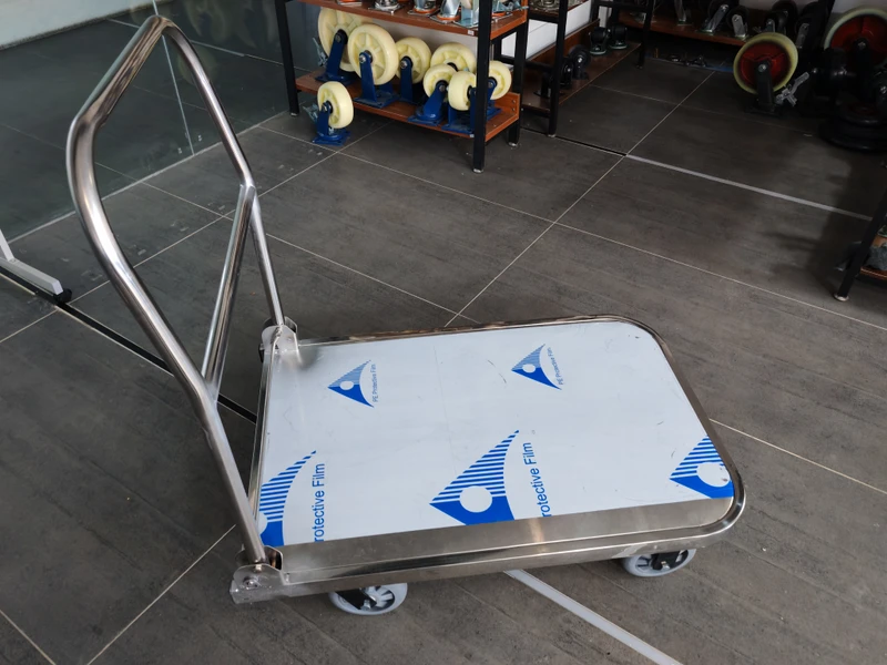 Food Grade SUS304 Stainless Steel Foldable Handcart 90*60cm Medium Size Rustproof Warehouse Push Trolley Caster Wheels