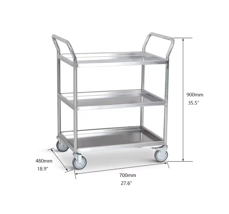 Food and Beverage Solid Stainless Steel 3 Tiers Dining Cart Hotel Kitchen Trolley