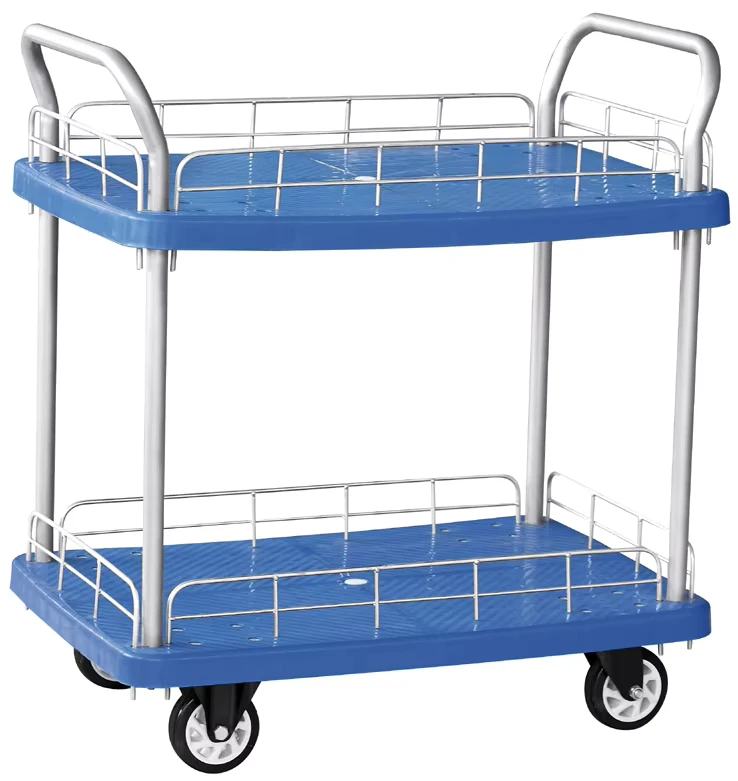 Four Blue 5 Inch Wheels Stainless Steel Plastic Two Layers Platform Hand Truck Foldable 150/300kg Load Capacity