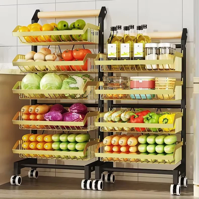 Four Layer Mobile Metal Kitchen Storage Rack Household Floor Vegetable and Food Storage Trolley