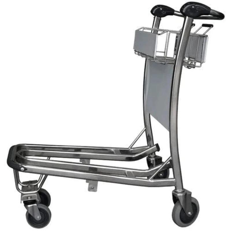 Four Wheel Airport Baggage Trolley Quiet Caster Sign Holder Heavy Duty Aluminum Frame Hand Brake Automatic Brake Nestable Design