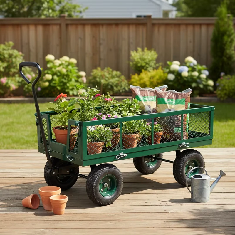Four-Wheel Dump Tool Cart Trolley Firewood Hand Cart Fertilizer Handling Utility Yard Wagon Lawn Trailer Heavy Duty OEM