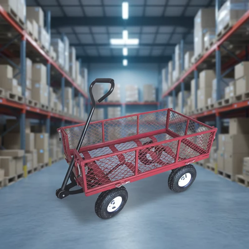 Four-Wheel Metal Hand Cart Trolley Garden Beach Tool Cart Mesh Steel Wagon 300kg Load Capacity