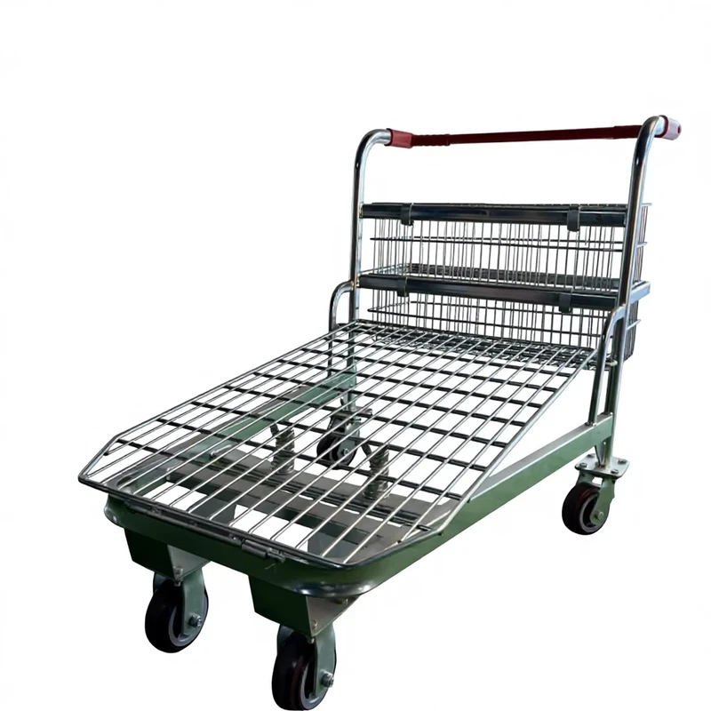 Four Wheel Steel Shopping Cart with Zinc Plated Platform Unfolding Design for Supermarket and Warehouse Use