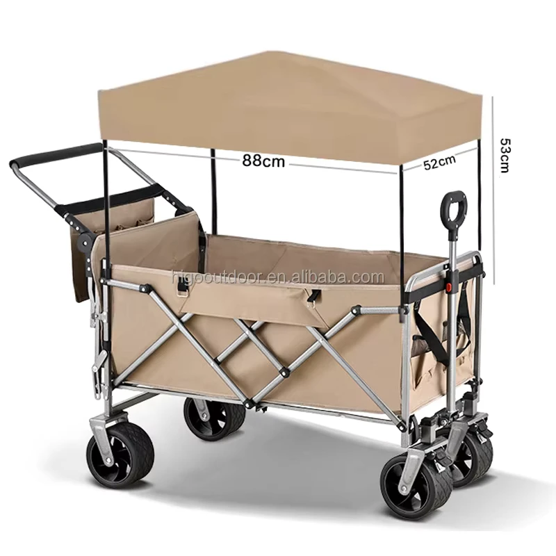 Four Wheel Tank Camping Carts Trolley Utility Park Picnic Folding Beach Garden Collapsible Outdoor Handcart for Kids with Roof