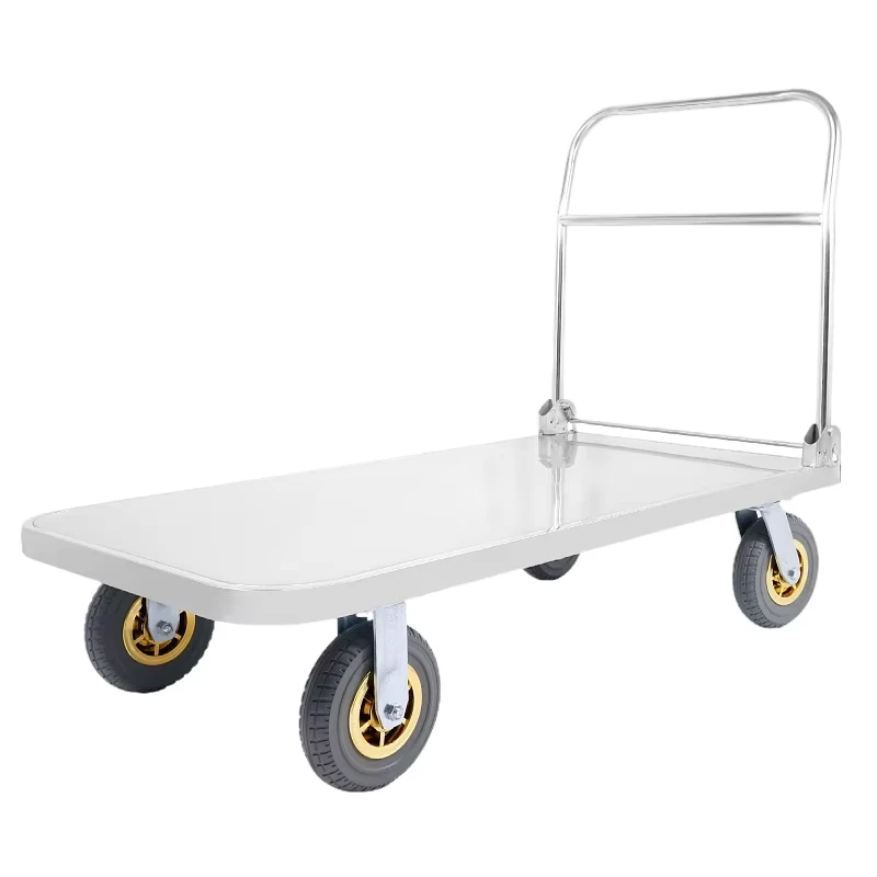 Four Wheel Trailer Flatbed Trolley Truck Stainless Steel Mute Foldable Hand Cart Thickened Platform Cart