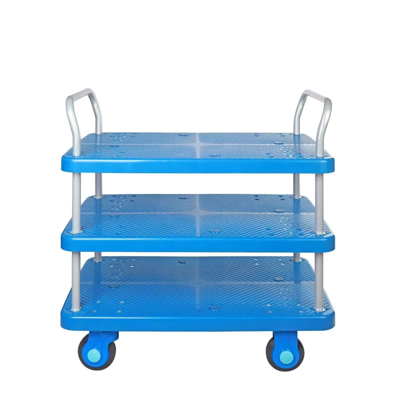 Four Wheel Trolley Hand Cart Strong Plastic Guardrail Double Platform Warehouse Trolley for Tools
