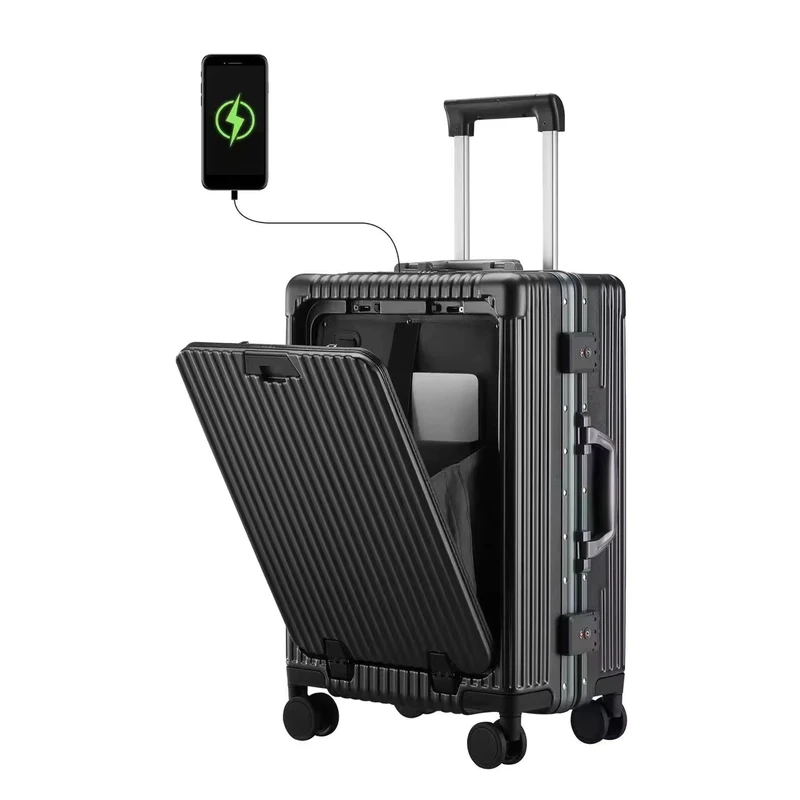 Front Open Aluminum Frame Suitcase Luggage with PC Electronic Texture TSA Lock and Silent Spinner Wheels Custom Bag Carry on