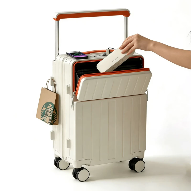 Front Opening Carry-On Travel Suitcase with USB Charging Port Cup Holder TSA Lock ABS+PC Spinner Luggage Front Load Open