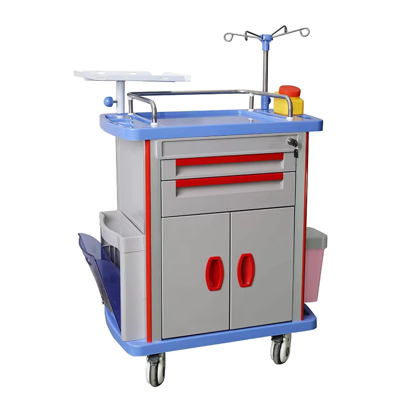 Full Option ABS Emergency Crash Rotating Defibrillator Platform Hidden Side Table Lockable Cabinet Door Hospital Trolley Class I