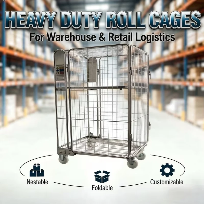 Full Security Nestable Roll Cage Container Lockable Anti Theft Wire Mesh Cage with Roof and Padlockable Doors Design