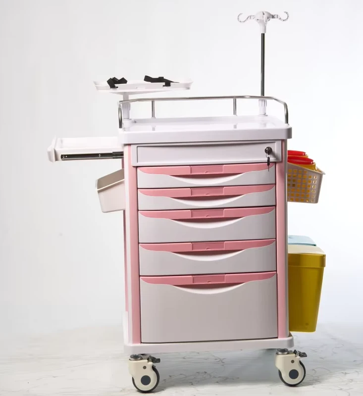 GIVISEN ABS Hospital Emergency Crash Cart 5 Drawers Mobile Medicine Trolley IV Pole Silent Casters Lockable Drawers White 40 lb