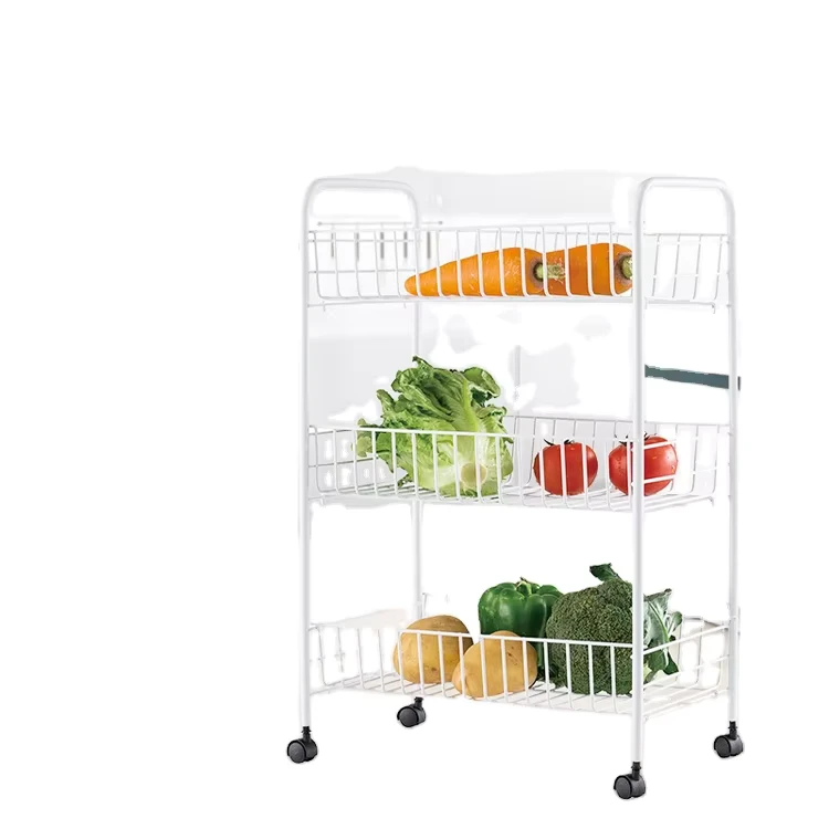 GOURMAID Metal White Household Kitchen Cart With Basket Rolling Cart Organizer Kitchen Trolley