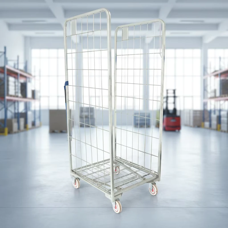 Galvanized Roll Cage Bin on Wheels Folding Storage Rolling Cage Cart for Fabric Rolls and Textile Transport