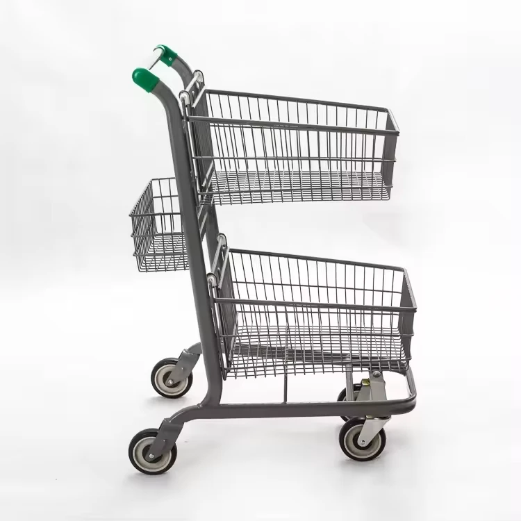 Galvanized Steel 2 Tier Supermarket Shopping Trolley with Lockable Wheels and Large Storage Basket for Retail Shops