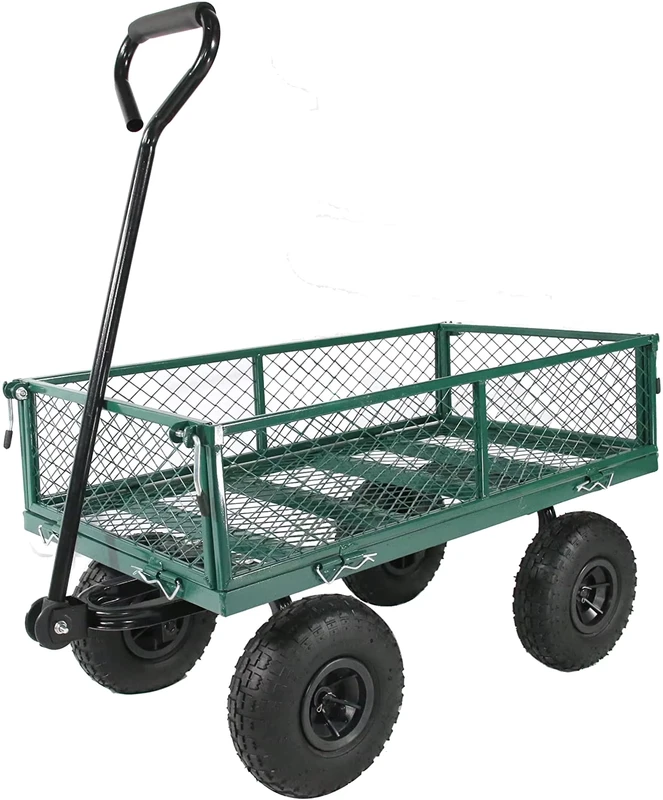 Garden Cart Heavy Mesh Steel Utility Car Garden Car with Detachable Side Green