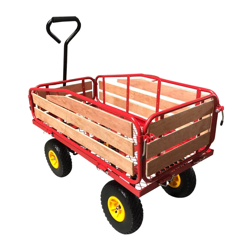 Garden Cart Utility Wagon Trolley Hand Truck Cart Wooden Railing Four Wheel Platform Design OEM Customizable Tools Transport