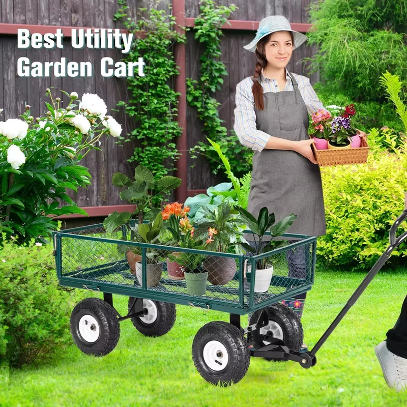 Garden Carts Steel Utility Wagon Cart Heavy Duty Outdoor Wheelbarrow Yard Lawn Trolley