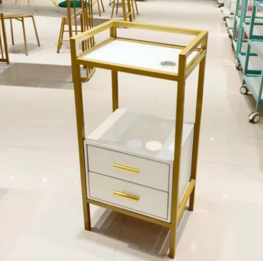 Gold Black White New Type Beauty Salon Rolling Trolley Cart Wood with Shelf and Drawer