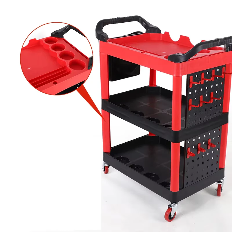 Good Quality 3 Shelf Car Wash Detailing Cart Auto Shop Plastic Service Cart Trolley Utility Tool Carts
