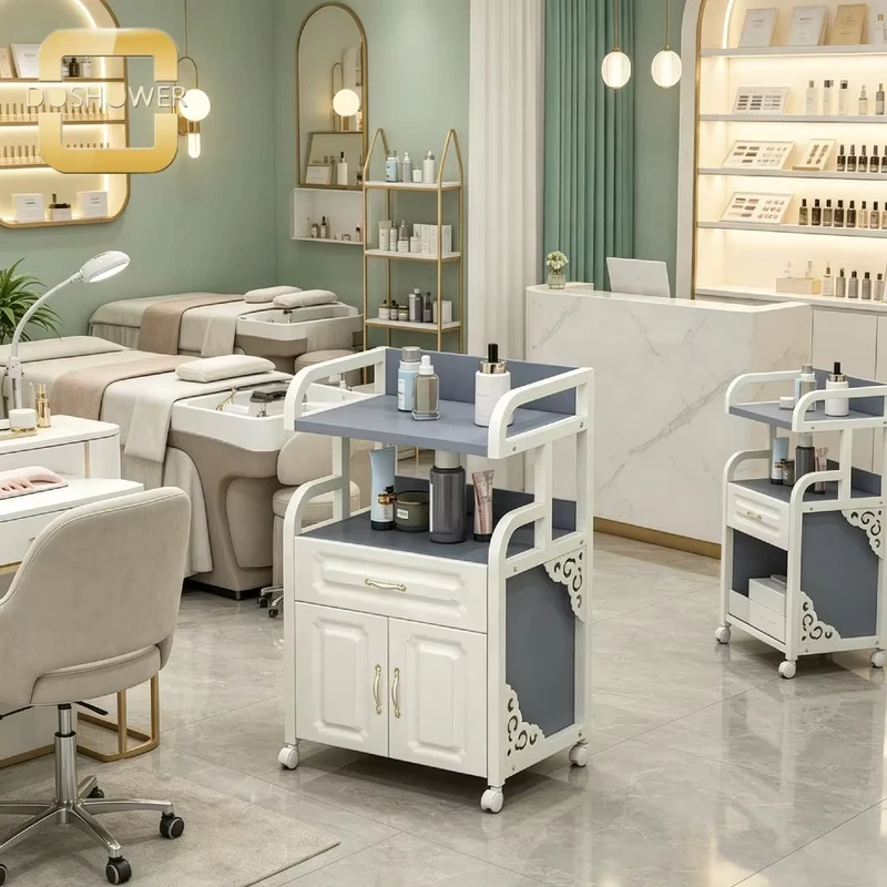 Gray Functional Trolley with Exterior Shelving and Double sided Cabinet for Salon Use
