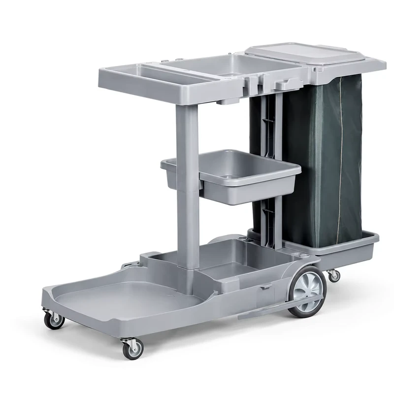 Gray Plastic Janitor Cleaning Trolley with Storage Bucket Mobile Cart for Cleaning Supplies