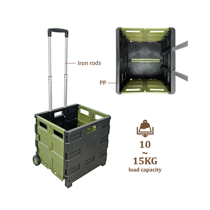 Green Pink Portable PP Iron Rods Trolley Lightweight Outdoor Collapsible Foldable Trolley Shopping Carts for Camping with Wheels