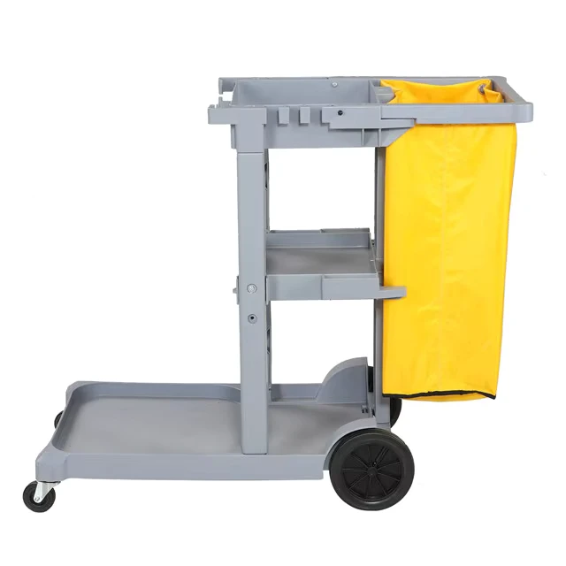 Grey Hospital Hotel Folding Janitor Cart Housekeeping Equipments Cleaning Trolley Cart