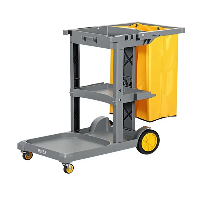 Grey Janitor Trolley Cars Multipurpose Hotel Room Cleaning Carts Durable Portable Plastic with Waterproof Feature