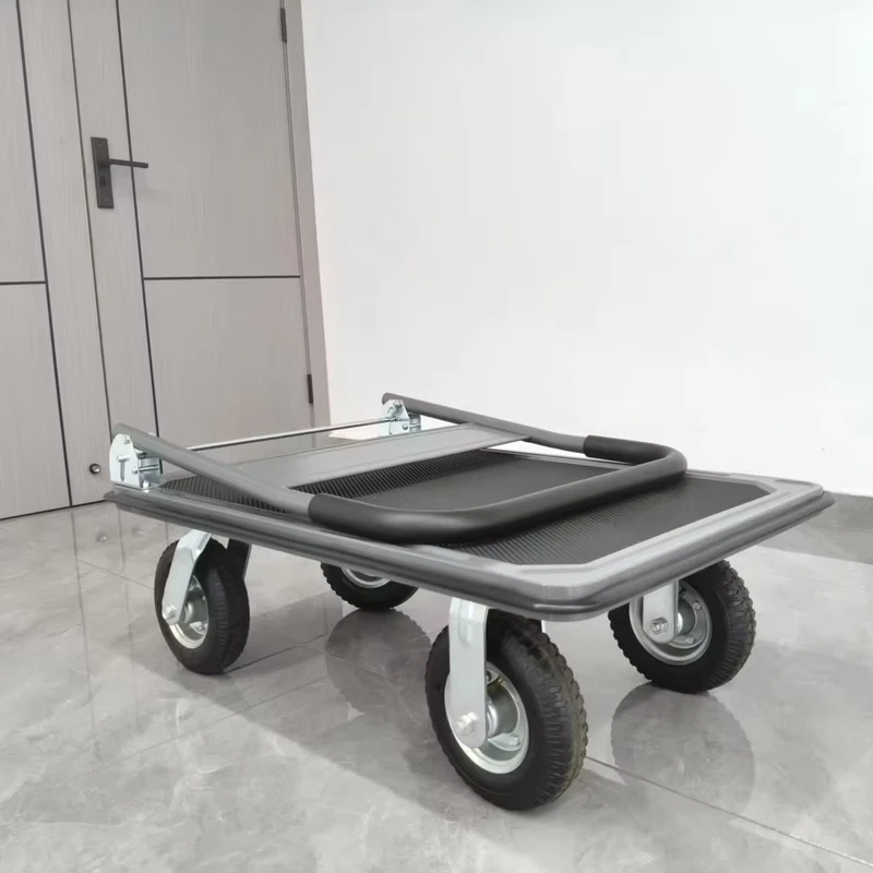 Grey Metal Frame Flat Hand Trolley With 8 Inch Thick Pneumatic Wheels Folding Handle Industrial Push Truck