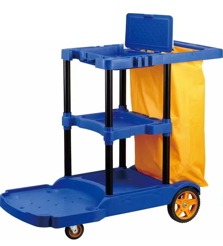 Grey Plastic Janitorial Cart 3 Layers 150 lb Capacity 4 Casters for Hotel Room Cleaning