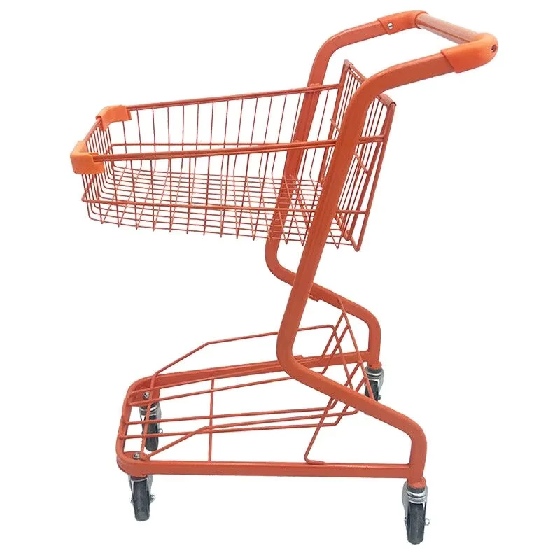 Grocery Supermarket 2-Tier Folding Shopping Trolley with Zinc Plated Surface and 4” PU Wheels Party Use Hand Push Cart