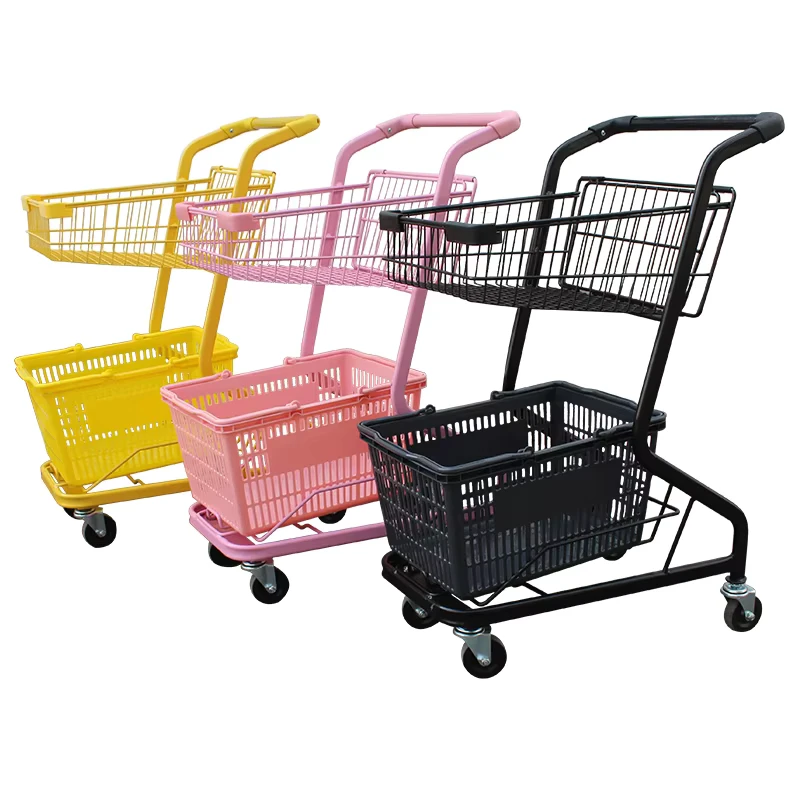 Grocery Supermarket 2 Tiers Shopping Trolley Carts Party Shopping Hand Push Cart with Wheels