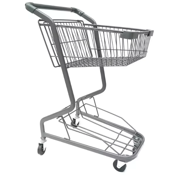 Grocery Supermarket Party Shopping Hand Push Cart 4” PU Wheels Eco Friendly Durable 2 Tier Mesh Shopping Trolley Carts