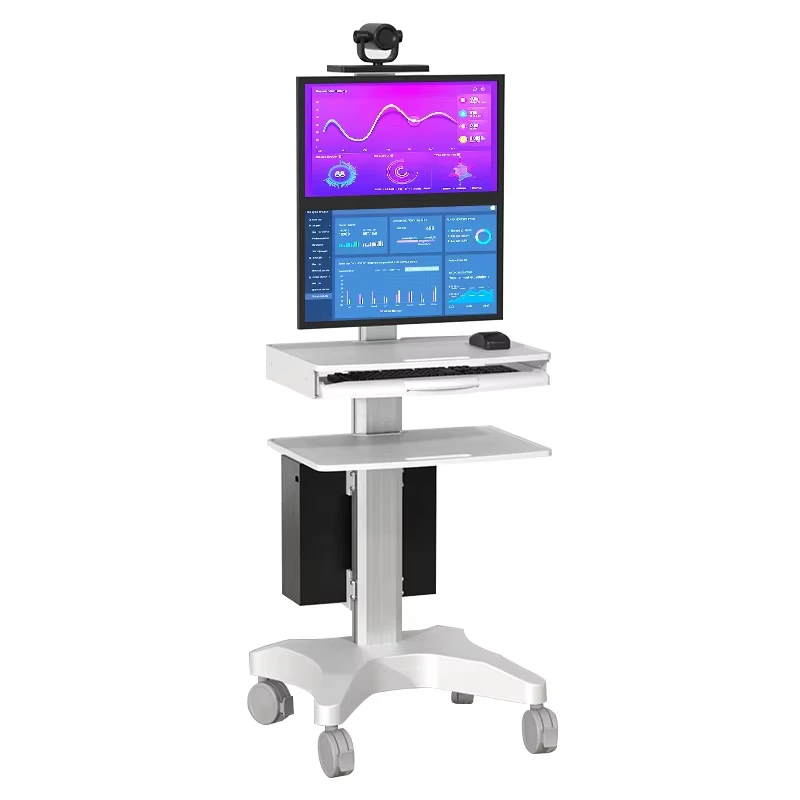 H2V Medical Trolley Metal Frame White ABS Crash Cart Powered with PU Caster Wheels with 2 Monitor Mounts Workstation Cart