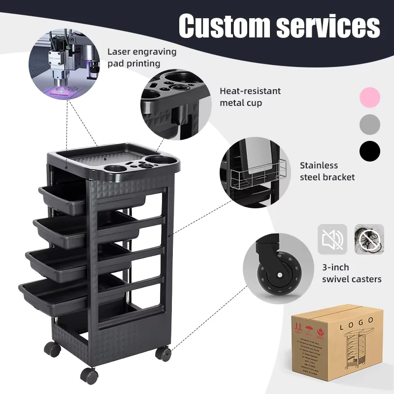 Hair Styling Salon Trolley Cart with Wheels and 4 Drawers Salon Rolling Cart for Hair Stylist Hairdresser Beauty Tattoo
