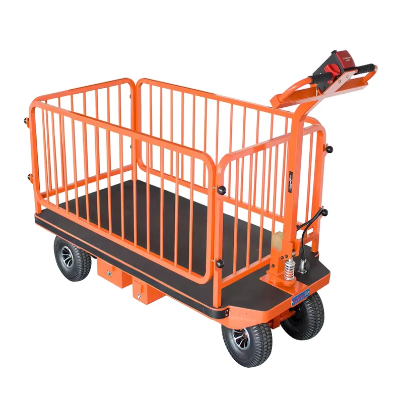 Hand Pull Electric Trolley with Guardrail 4 Wheels Electric Flat Platform Trolley
