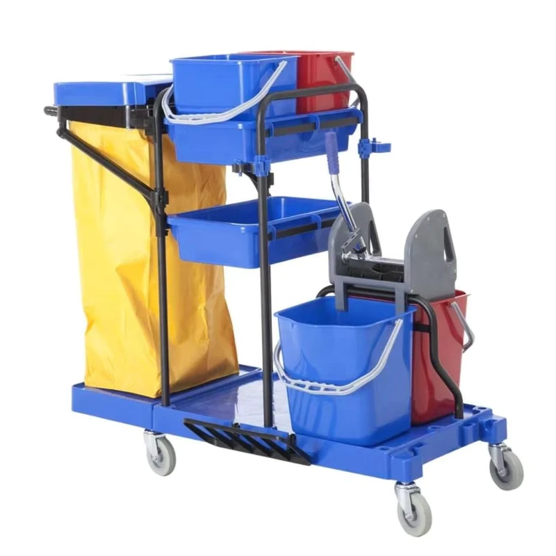 Hand Push Foldable Plastic Tool Utility Laundry Housekeeping Restaurant Hotel Room Garbage Cleaning Trolley Janitor Service Cart