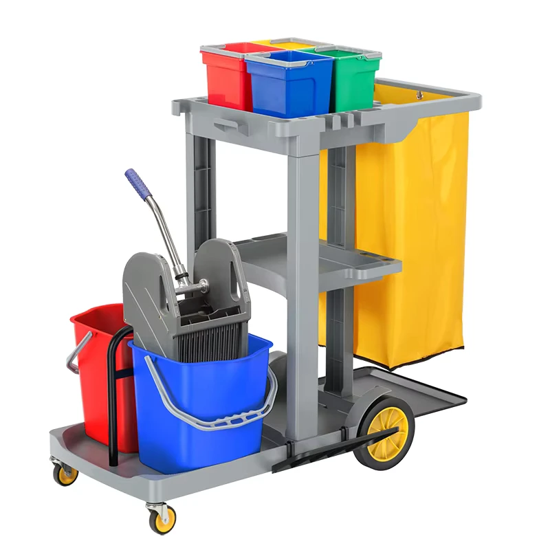 Hand Push Hospital Hotel Commercial Janitorial Cleaning Mobile Cart Trolley Manufacturer with Wheels