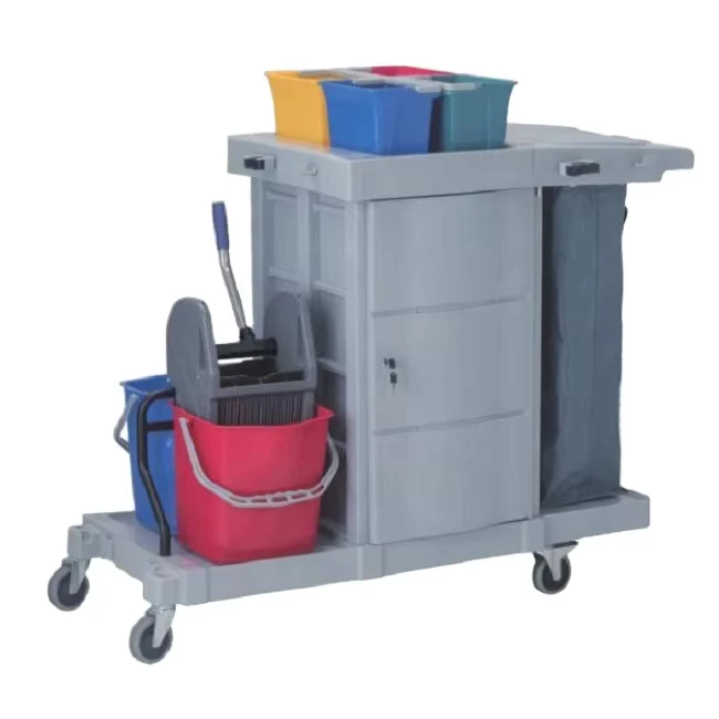 Hand Push Hotel High Quality Rubber Wheel Plastic Tool Multifunctional Cleaning Service Janitor Cart Trolley with Lock Cupboard