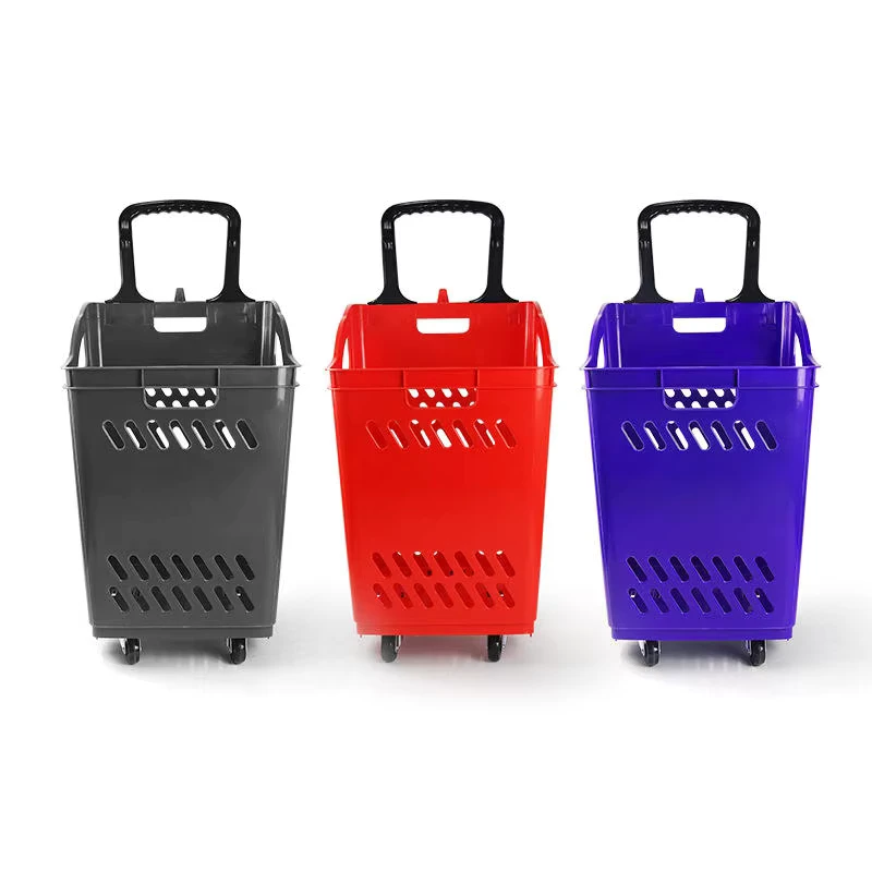Hand pulled Supermarket Shopping Cart Pull Rod Handle Portable Plastic Trolley Wheels Thickened Design 70L Capacity Model GWL007