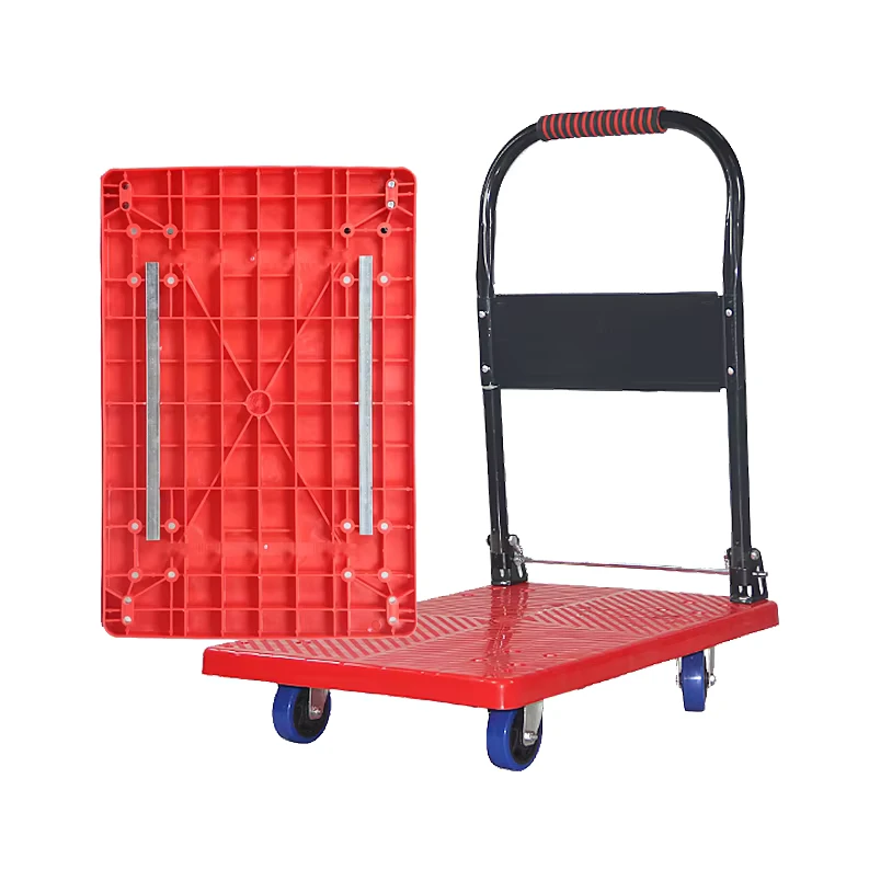 Heavy Capacity Duty Red Lightweight Folding Handle Pull Goods Plastic 720*480mm Platform Truck Hand Cart Trolley Mute