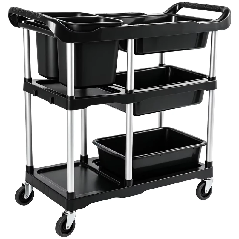 Heavy Duty 3 Shelf Plastic Utility Service Cart with Wheels KD Design for Restaurant Hotel Hospital