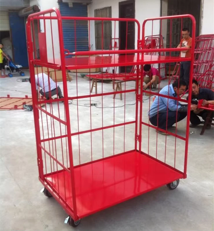 Heavy Duty 3 Sided Red Powder Coated Roll Cage Container with Middle Shelf Logistics Warehouse Trolley for Supermarket