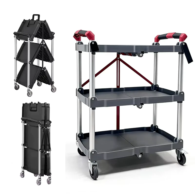 Heavy Duty 3 Tier Foldable Utility Service Cart Plastic Rolling Cart With Lockable Wheels