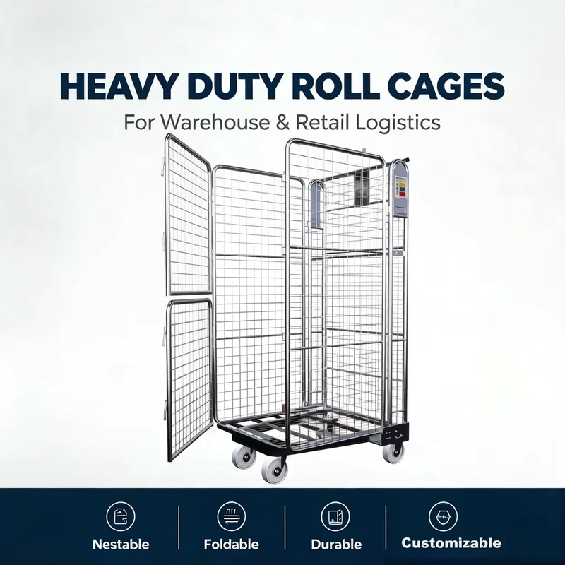 Heavy Duty 4 Sided Nestable Roll Cage Container with Drop Down Gate and Enclosed Roll Cage Trolley Folding Wire Mesh Cart