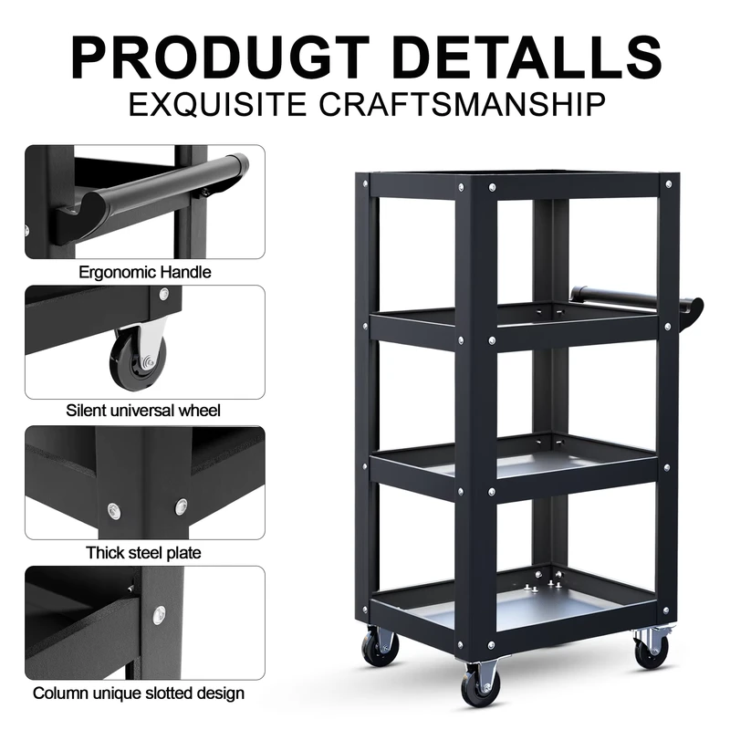 Heavy Duty 4 Tier Tool Utility Cart with Steel Storage Shelves and Rolling Lockable Wheels for Workshop Organization