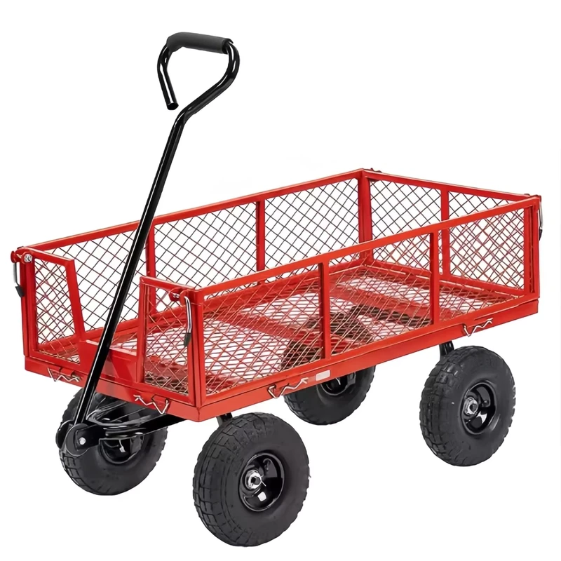 Heavy Duty 4 Wheeled Steel Utility Trolley Outdoor Mesh Cart Wagon Removable Sides OEM Customizable Platform for Yard Garden Use